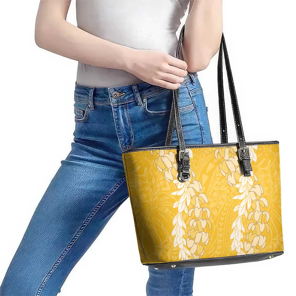 Puakenikeni and Maile Lei Leather Tote Bag Gold Double Strand Lei LT9 - Polynesian Pride