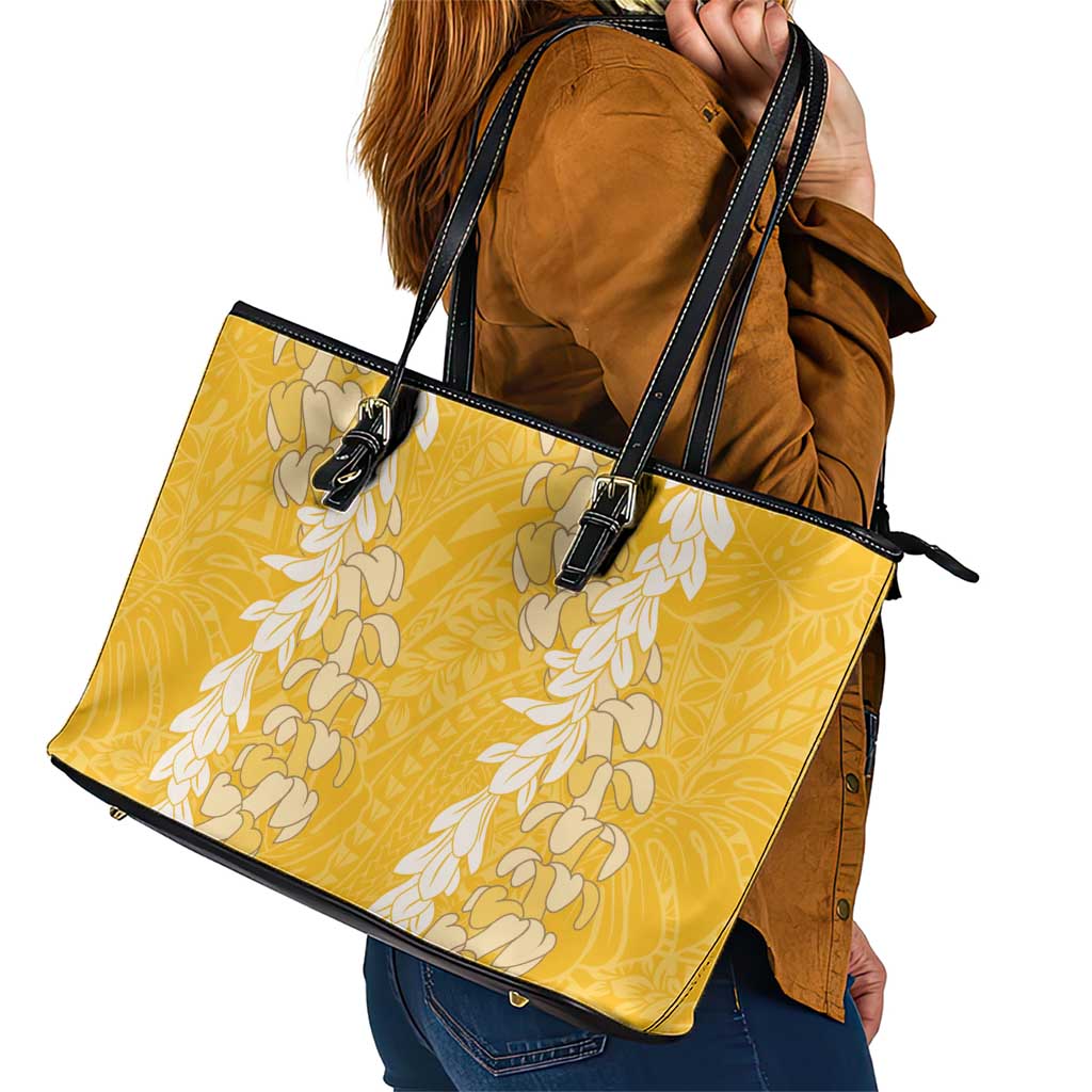 Puakenikeni and Maile Lei Leather Tote Bag Gold Double Strand Lei LT9 - Polynesian Pride