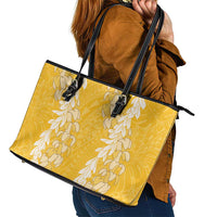 Puakenikeni and Maile Lei Leather Tote Bag Gold Double Strand Lei LT9 - Polynesian Pride