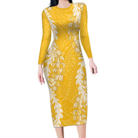 Puakenikeni and Maile Lei Long Sleeve Bodycon Dress Gold Double Strand Lei LT9 Long Dress Gold - Polynesian Pride