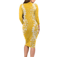 Puakenikeni and Maile Lei Long Sleeve Bodycon Dress Gold Double Strand Lei LT9 - Polynesian Pride
