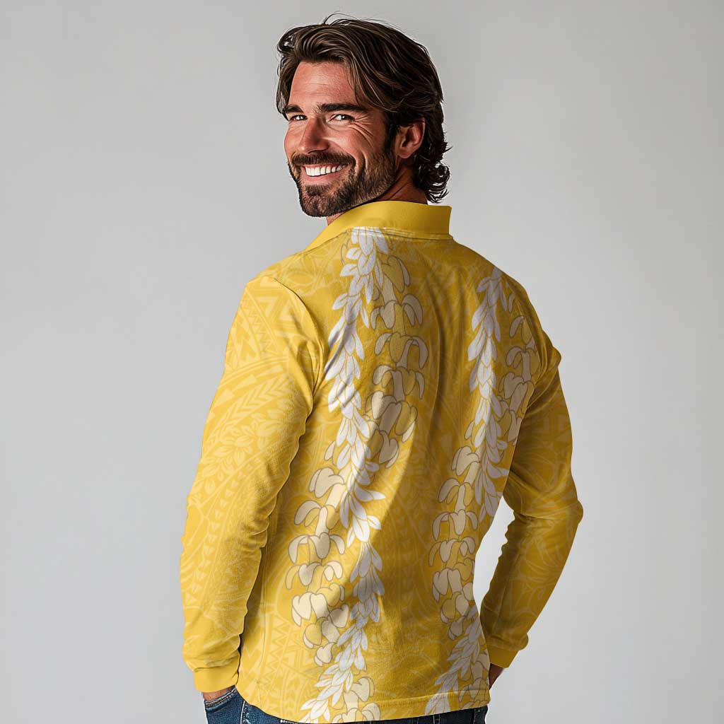 Puakenikeni and Maile Lei Long Sleeve Polo Shirt Gold Double Strand Lei