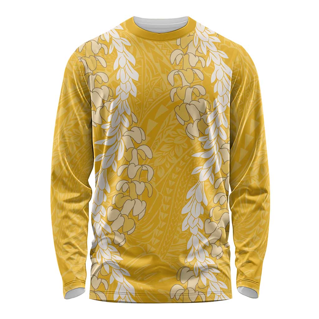 Puakenikeni and Maile Lei Long Sleeve Shirt Gold Double Strand Lei LT9 Unisex Gold - Polynesian Pride
