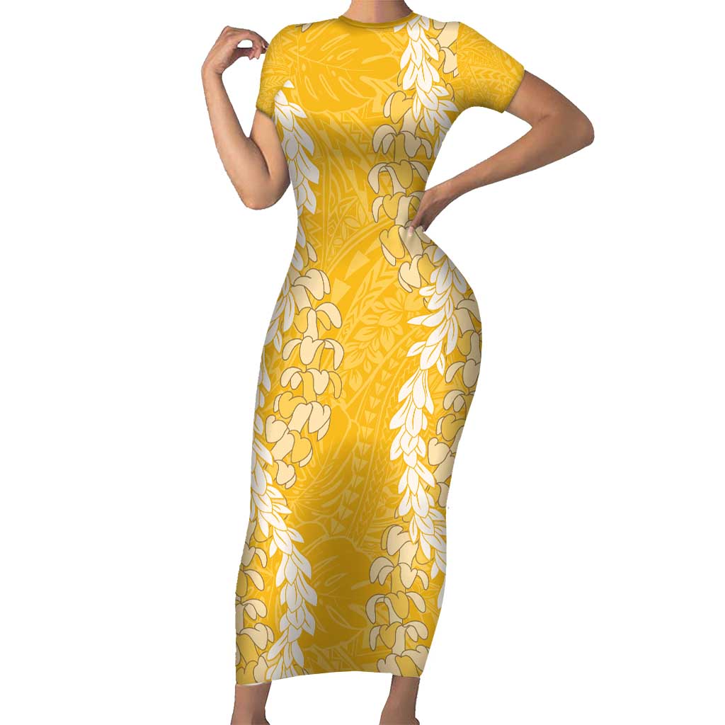 Puakenikeni and Maile Lei Short Sleeve Bodycon Dress Gold Double Strand Lei LT9 Long Dress Gold - Polynesian Pride