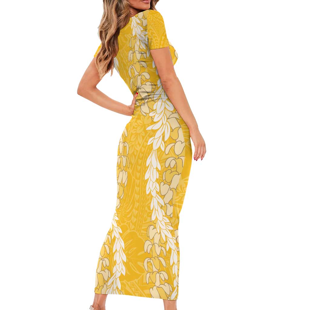 Puakenikeni and Maile Lei Short Sleeve Bodycon Dress Gold Double Strand Lei LT9 - Polynesian Pride