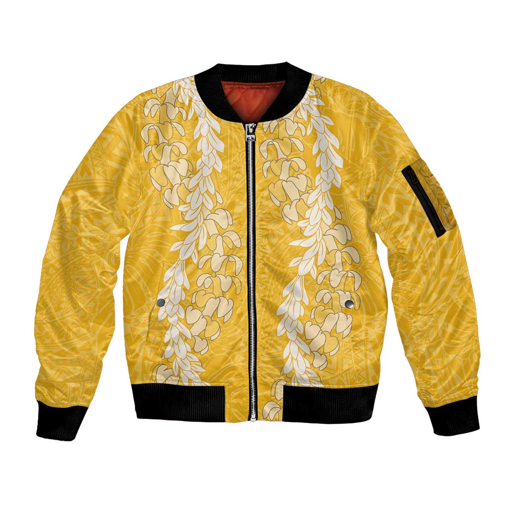 Puakenikeni and Maile Lei Sleeve Zip Bomber Jacket Gold Double Strand Lei LT9 Unisex Gold - Polynesian Pride