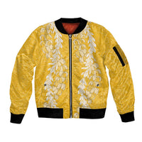 Puakenikeni and Maile Lei Sleeve Zip Bomber Jacket Gold Double Strand Lei LT9 Unisex Gold - Polynesian Pride