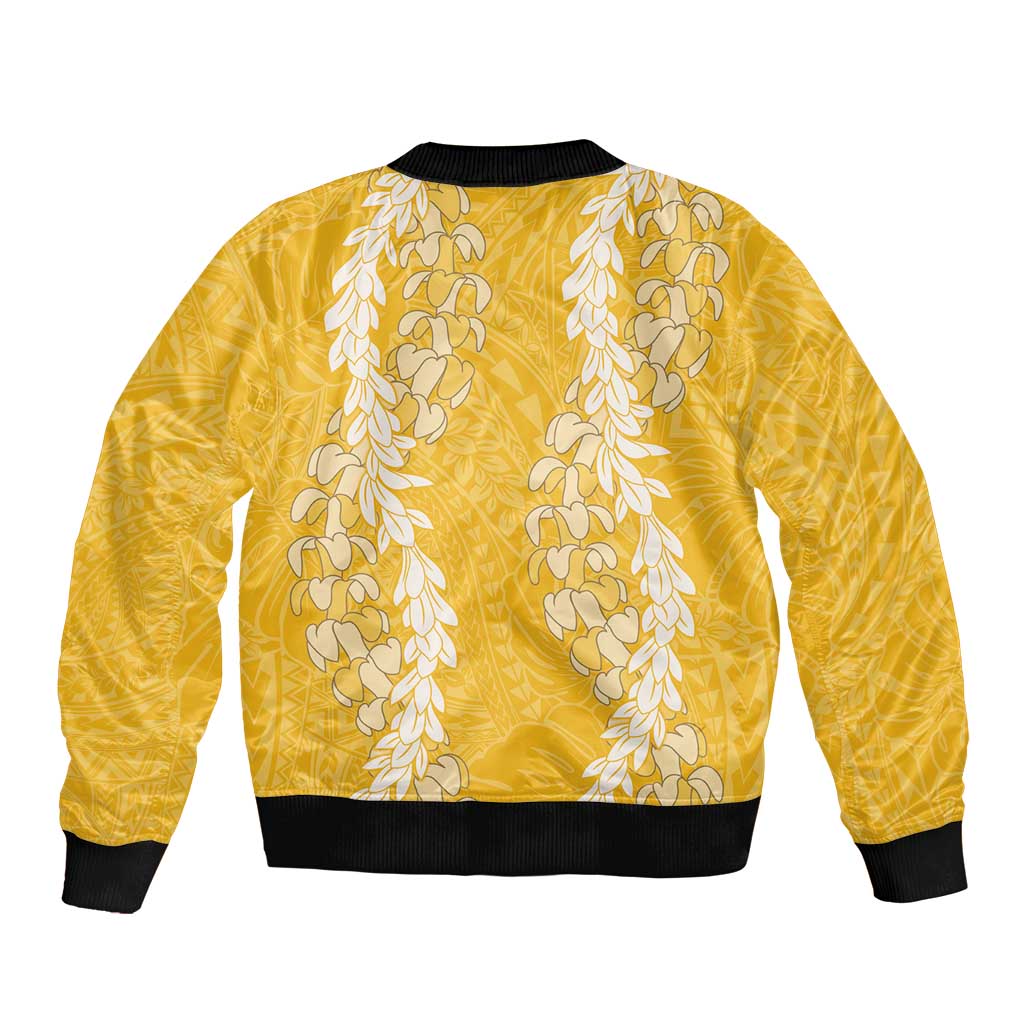 Puakenikeni and Maile Lei Sleeve Zip Bomber Jacket Gold Double Strand Lei LT9 - Polynesian Pride