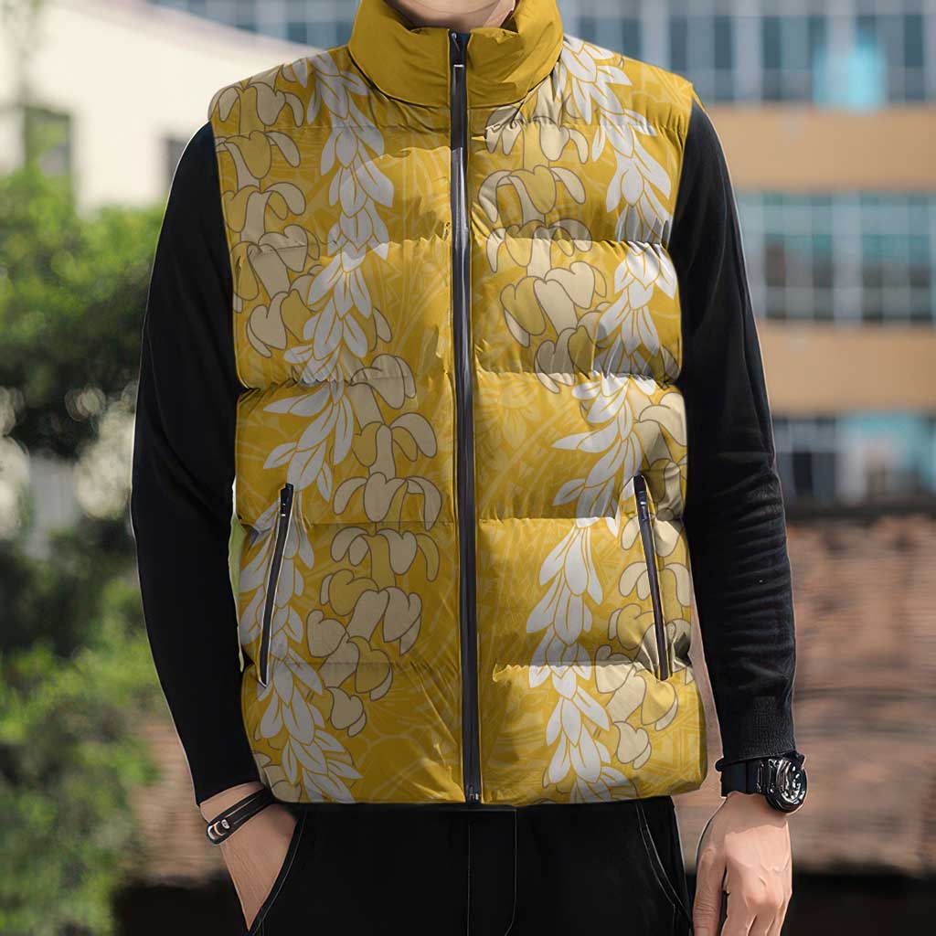 Puakenikeni and Maile Lei Sleeveless Puffer Jacket Gold Double Strand Lei - Polynesian Pride