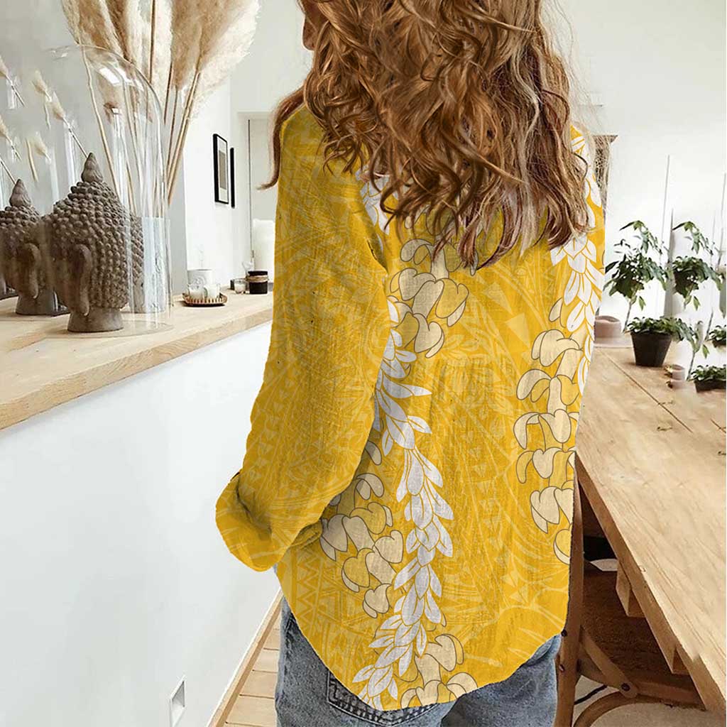 Puakenikeni and Maile Lei Women Casual Shirt Gold Double Strand Lei LT9 - Polynesian Pride