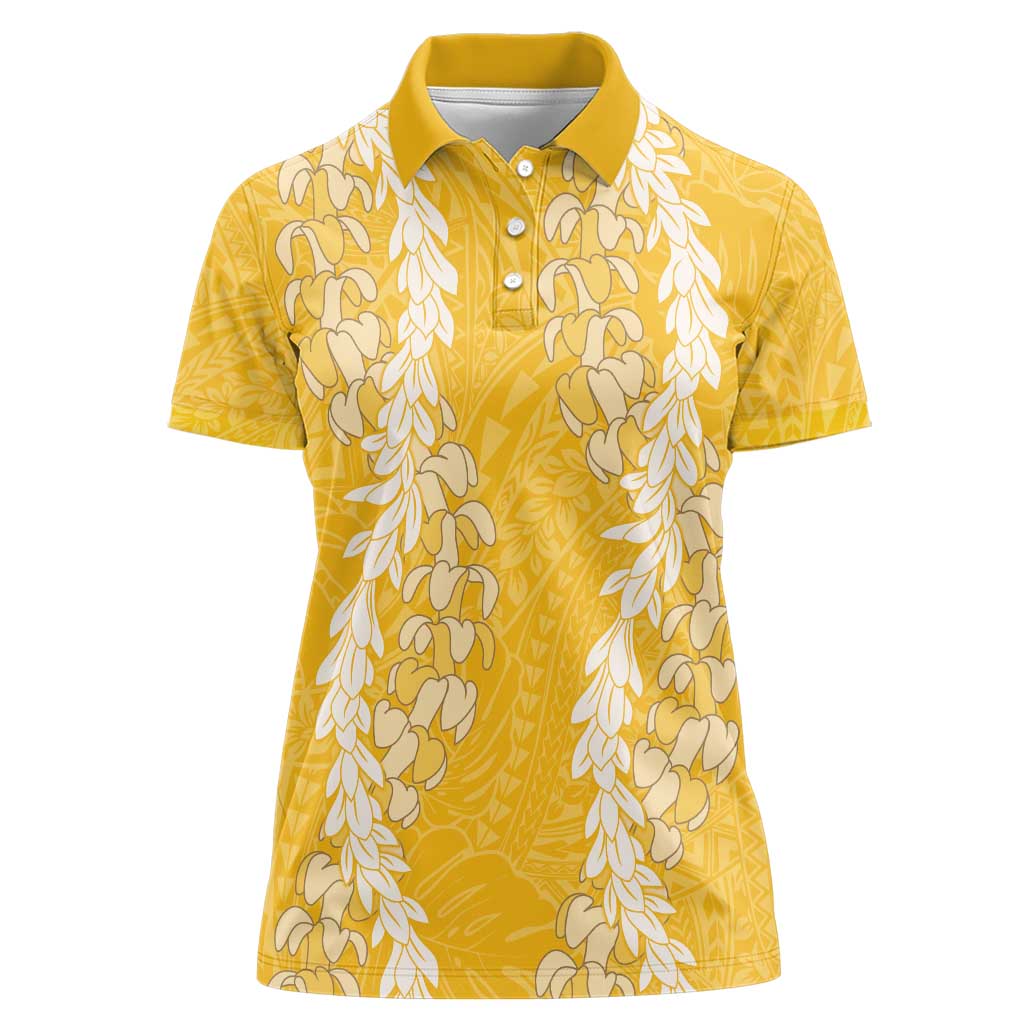 Puakenikeni and Maile Lei Women Polo Shirt Gold Double Strand Lei LT9 Female Gold - Polynesian Pride