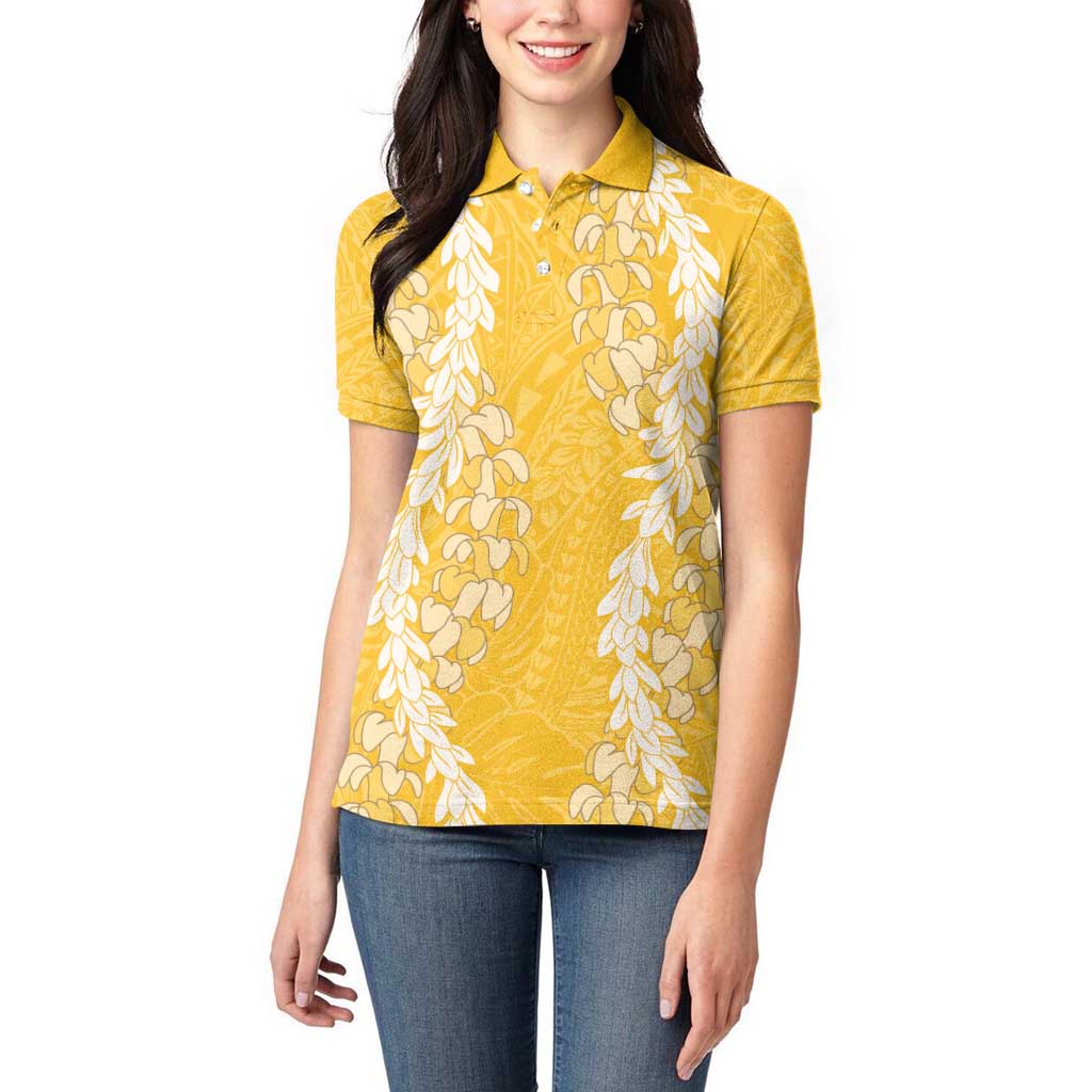 Puakenikeni and Maile Lei Women Polo Shirt Gold Double Strand Lei LT9 - Polynesian Pride
