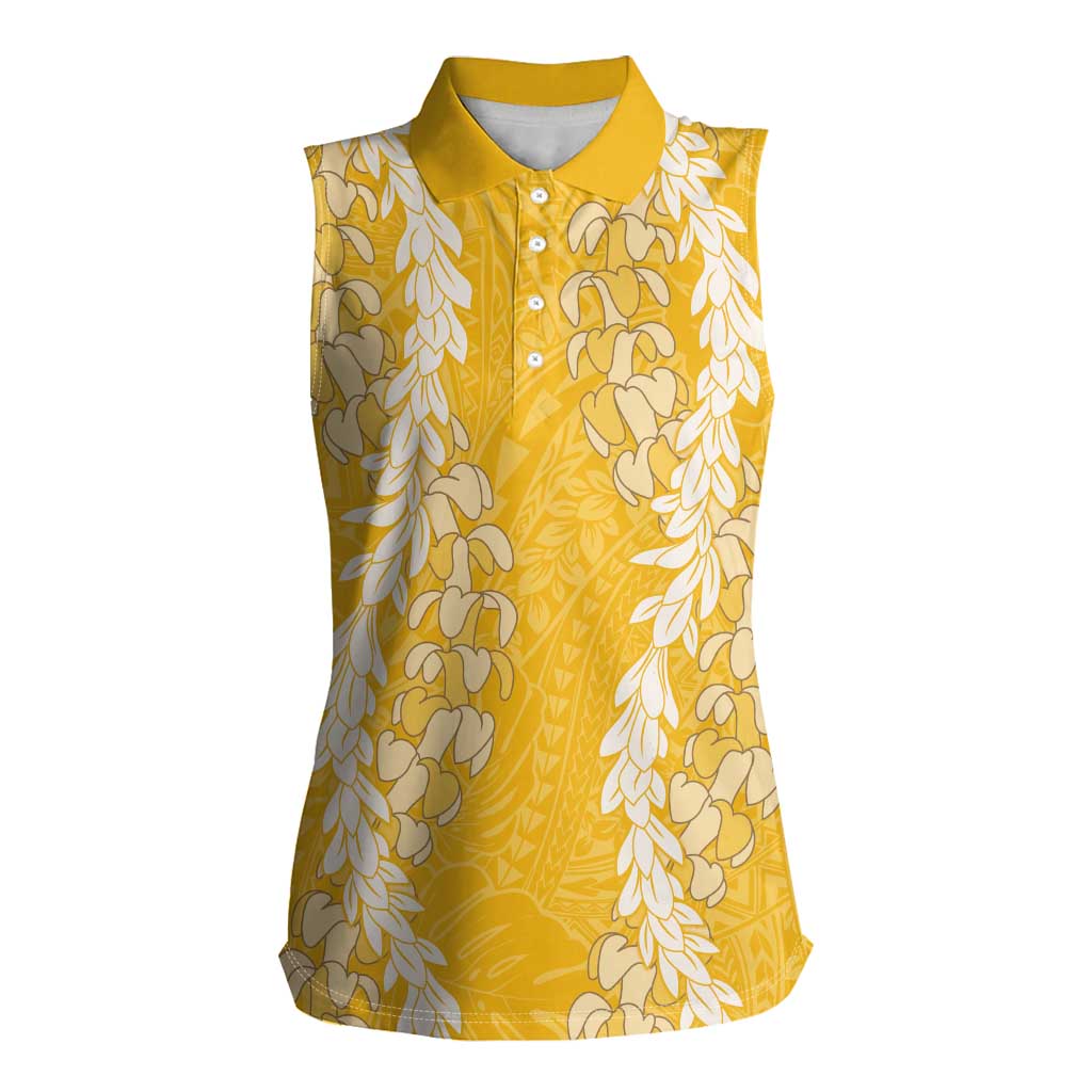 Puakenikeni and Maile Lei Women Sleeveless Polo Shirt Gold Double Strand Lei LT9 Female Gold - Polynesian Pride