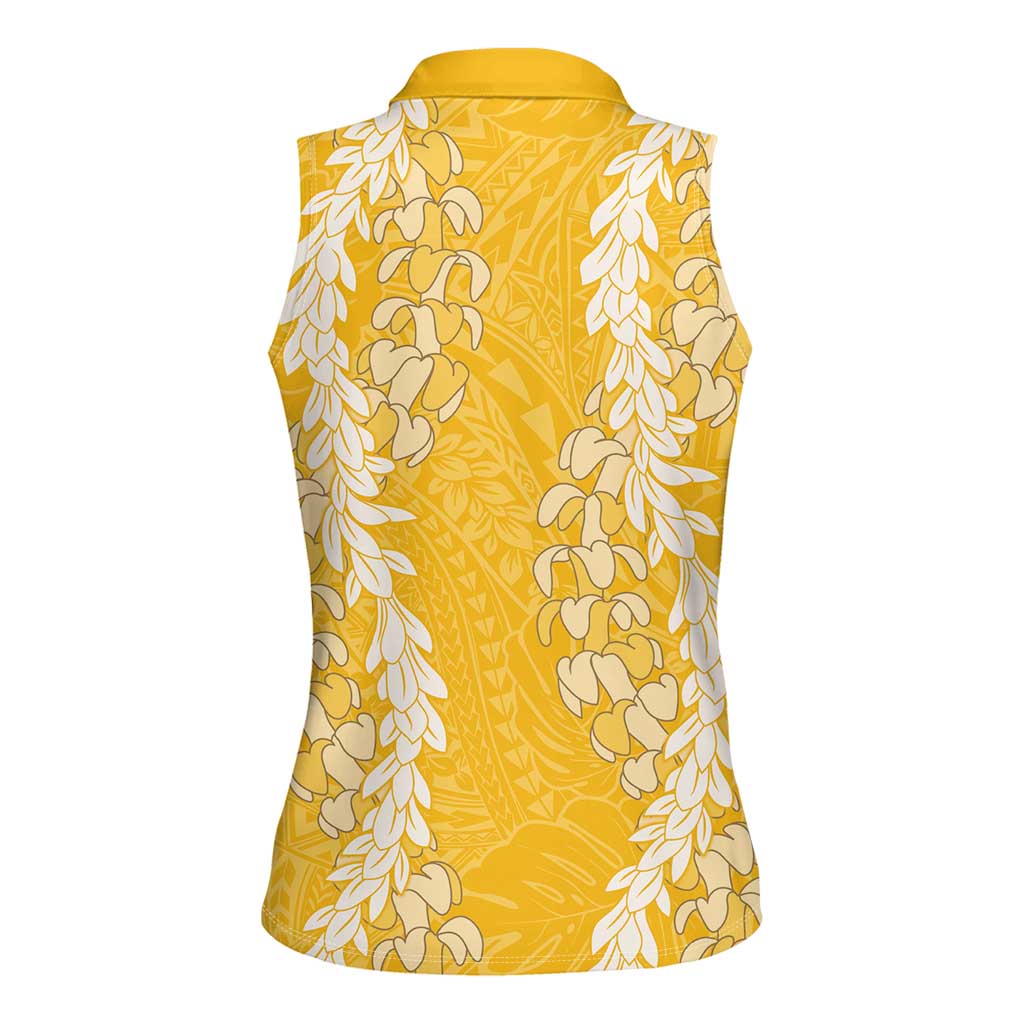 Puakenikeni and Maile Lei Women Sleeveless Polo Shirt Gold Double Strand Lei LT9 - Polynesian Pride