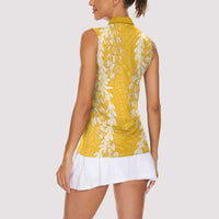 Puakenikeni and Maile Lei Women Sleeveless Polo Shirt Gold Double Strand Lei LT9 - Polynesian Pride