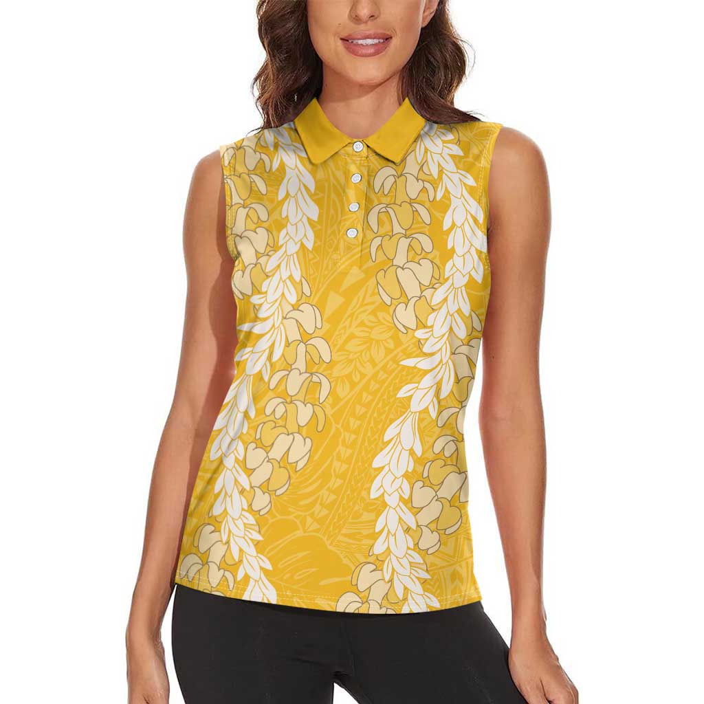 Puakenikeni and Maile Lei Women Sleeveless Polo Shirt Gold Double Strand Lei LT9 - Polynesian Pride