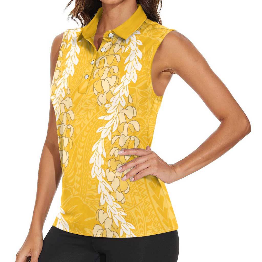 Puakenikeni and Maile Lei Women Sleeveless Polo Shirt Gold Double Strand Lei LT9 - Polynesian Pride