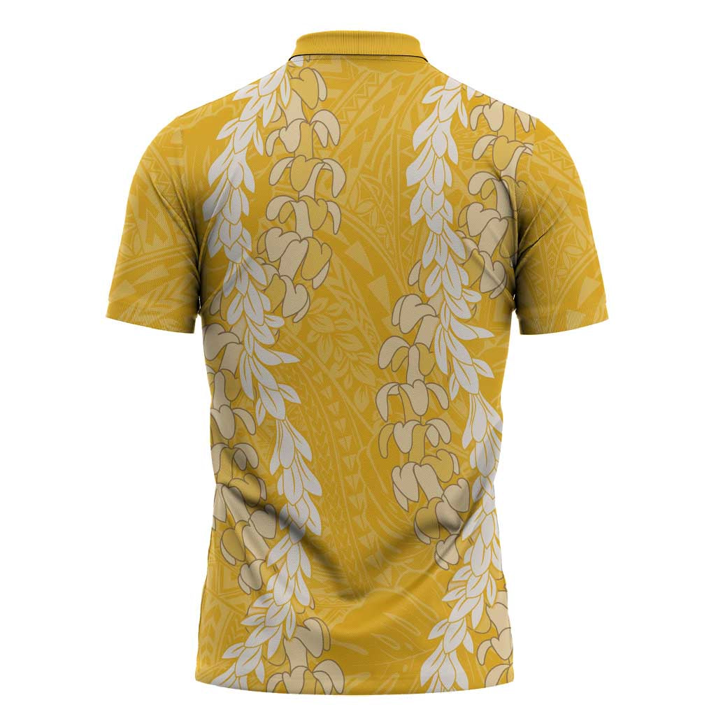 Puakenikeni and Maile Lei Zipper Polo Shirt Gold Double Strand Lei - Polynesian Pride
