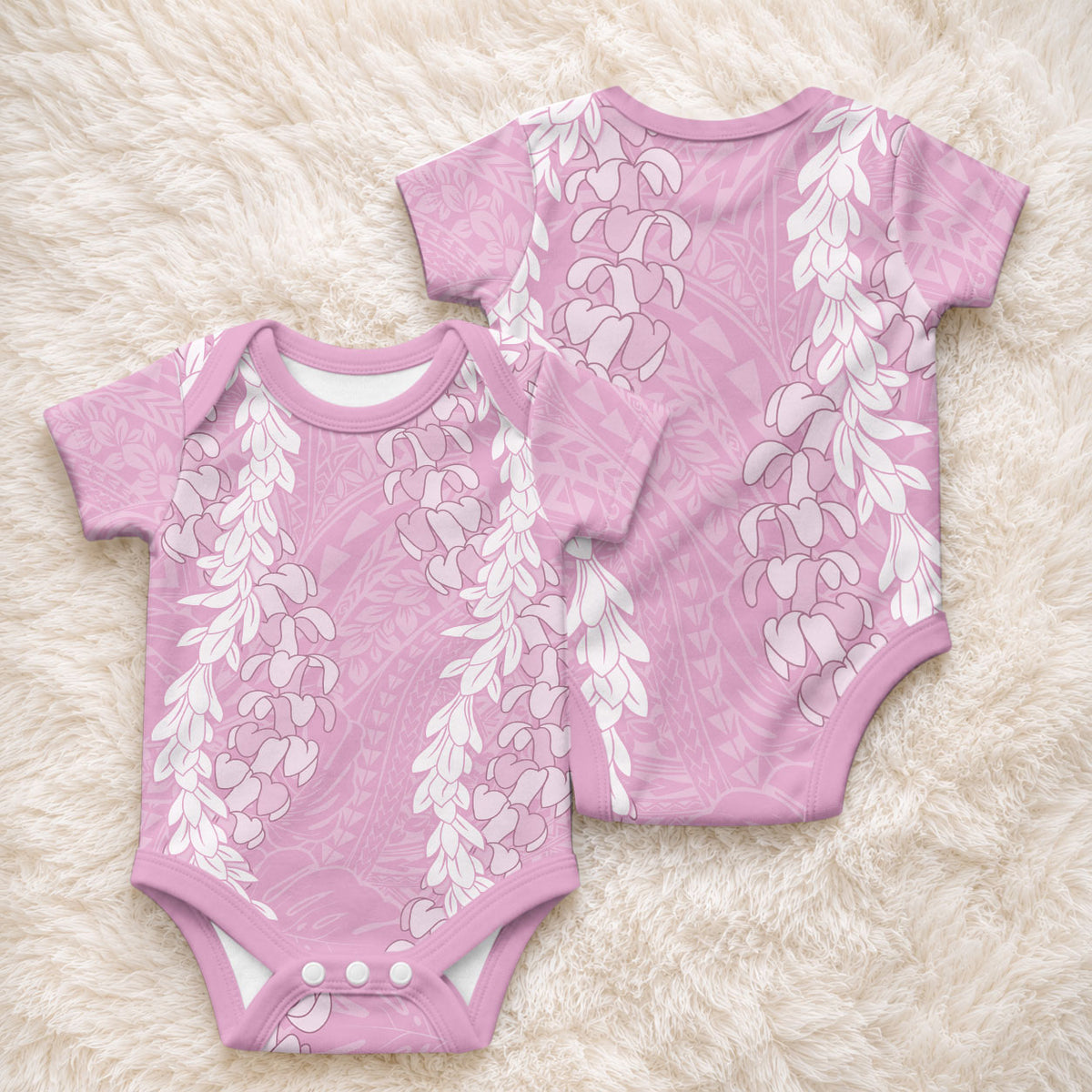 Puakenikeni and Maile Lei Baby Onesie Pink Double Strand Lei