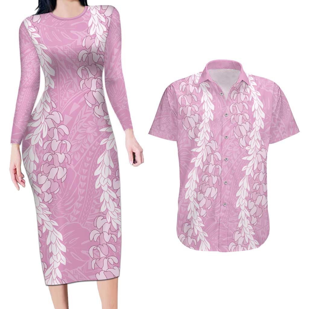 Puakenikeni and Maile Lei Couples Matching Long Sleeve Bodycon Dress and Hawaiian Shirt Pink Double Strand Lei LT9 Pink - Polynesian Pride