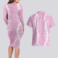 Puakenikeni and Maile Lei Couples Matching Long Sleeve Bodycon Dress and Hawaiian Shirt Pink Double Strand Lei LT9 - Polynesian Pride