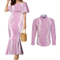 Puakenikeni and Maile Lei Couples Matching Mermaid Dress and Long Sleeve Button Shirt Pink Double Strand Lei LT9 Pink - Polynesian Pride