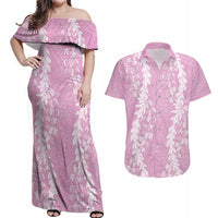 Puakenikeni and Maile Lei Couples Matching Off Shoulder Maxi Dress and Hawaiian Shirt Pink Double Strand Lei LT9 Pink - Polynesian Pride