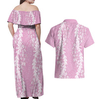 Puakenikeni and Maile Lei Couples Matching Off Shoulder Maxi Dress and Hawaiian Shirt Pink Double Strand Lei LT9 - Polynesian Pride