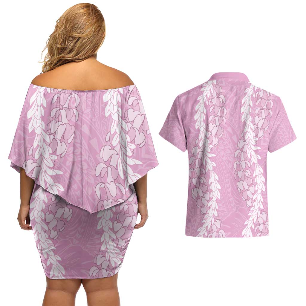 Puakenikeni and Maile Lei Couples Matching Off Shoulder Short Dress and Hawaiian Shirt Pink Double Strand Lei LT9 - Polynesian Pride