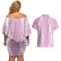 Puakenikeni and Maile Lei Couples Matching Off Shoulder Short Dress and Hawaiian Shirt Pink Double Strand Lei LT9 - Polynesian Pride