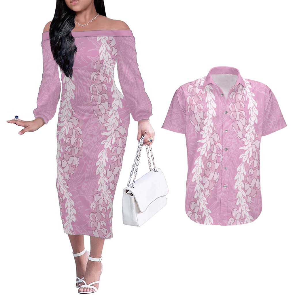 Puakenikeni and Maile Lei Couples Matching Off The Shoulder Long Sleeve Dress and Hawaiian Shirt Pink Double Strand Lei LT9 Pink - Polynesian Pride