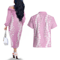 Puakenikeni and Maile Lei Couples Matching Off The Shoulder Long Sleeve Dress and Hawaiian Shirt Pink Double Strand Lei LT9 - Polynesian Pride