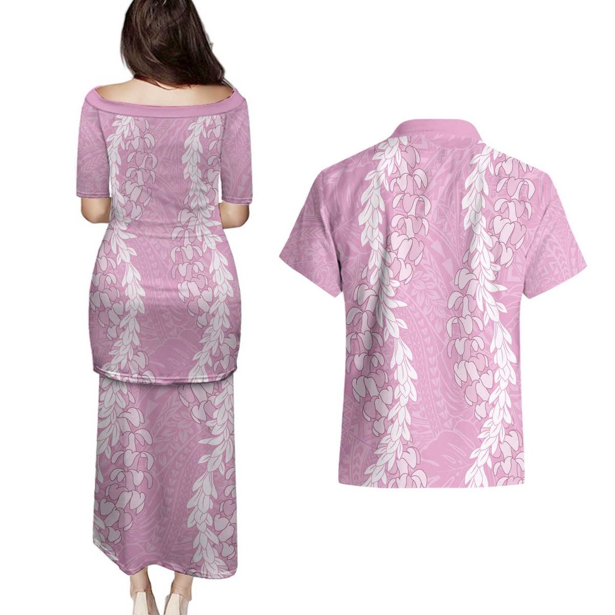 Puakenikeni and Maile Lei Couples Matching Puletasi and Hawaiian Shirt Pink Double Strand Lei LT9 - Polynesian Pride