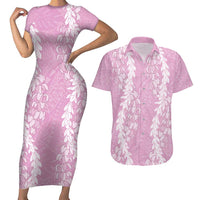 Puakenikeni and Maile Lei Couples Matching Short Sleeve Bodycon Dress and Hawaiian Shirt Pink Double Strand Lei LT9 Pink - Polynesian Pride