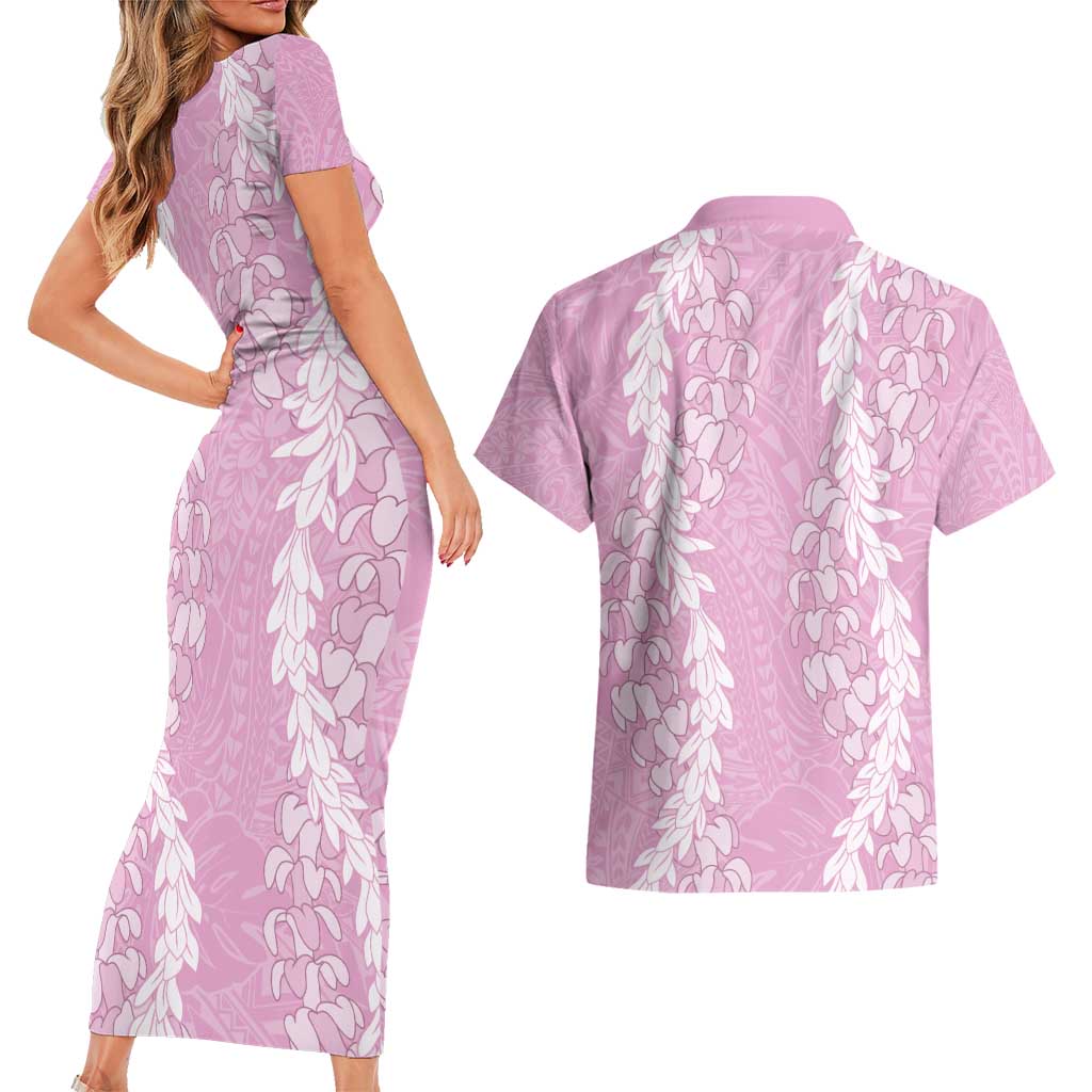 Puakenikeni and Maile Lei Couples Matching Short Sleeve Bodycon Dress and Hawaiian Shirt Pink Double Strand Lei LT9 - Polynesian Pride
