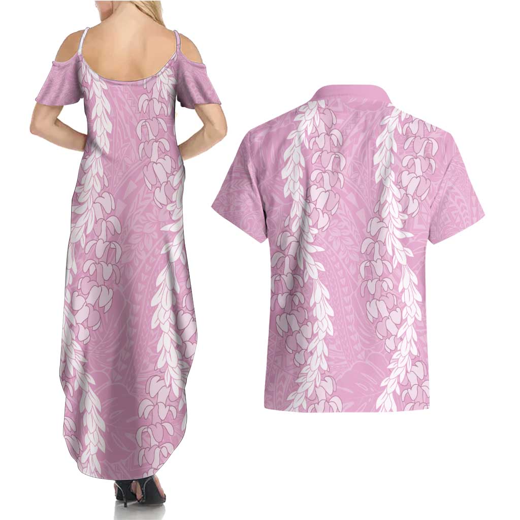 Puakenikeni and Maile Lei Couples Matching Summer Maxi Dress and Hawaiian Shirt Pink Double Strand Lei LT9 - Polynesian Pride