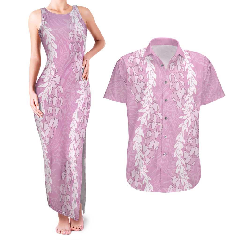 Puakenikeni and Maile Lei Couples Matching Tank Maxi Dress and Hawaiian Shirt Pink Double Strand Lei LT9 Pink - Polynesian Pride