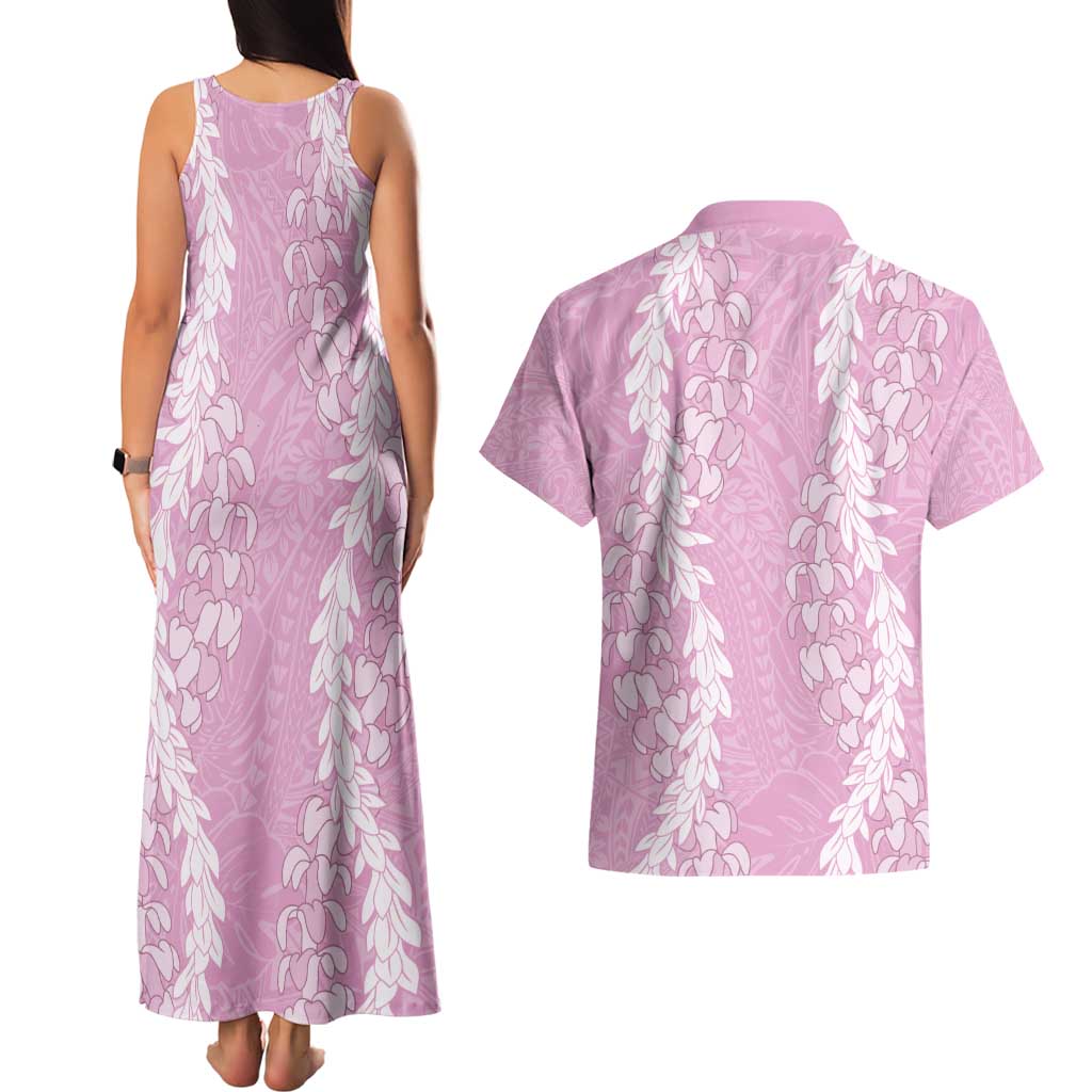 Puakenikeni and Maile Lei Couples Matching Tank Maxi Dress and Hawaiian Shirt Pink Double Strand Lei LT9 - Polynesian Pride