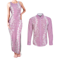 Puakenikeni and Maile Lei Couples Matching Tank Maxi Dress and Long Sleeve Button Shirt Pink Double Strand Lei LT9 Pink - Polynesian Pride