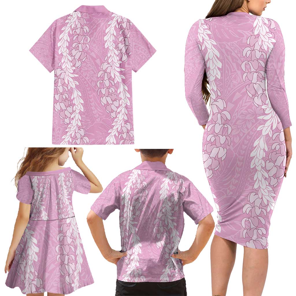 Puakenikeni and Maile Lei Family Matching Long Sleeve Bodycon Dress and Hawaiian Shirt Pink Double Strand Lei LT9 - Polynesian Pride