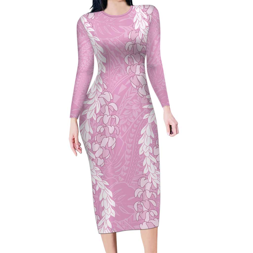 Puakenikeni and Maile Lei Family Matching Long Sleeve Bodycon Dress and Hawaiian Shirt Pink Double Strand Lei LT9 Mom's Dress Pink - Polynesian Pride