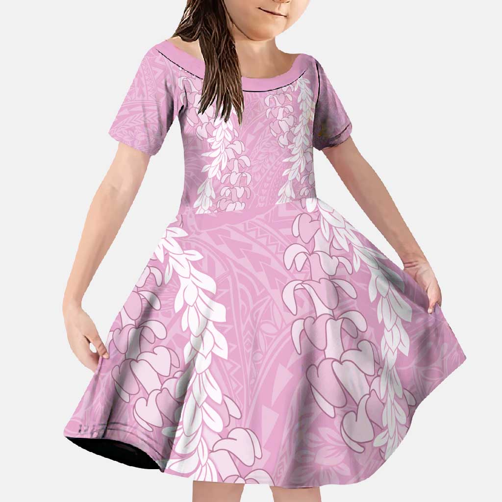Puakenikeni and Maile Lei Family Matching Mermaid Dress and Hawaiian Shirt Pink Double Strand Lei LT9 Daughter's Dress Pink - Polynesian Pride