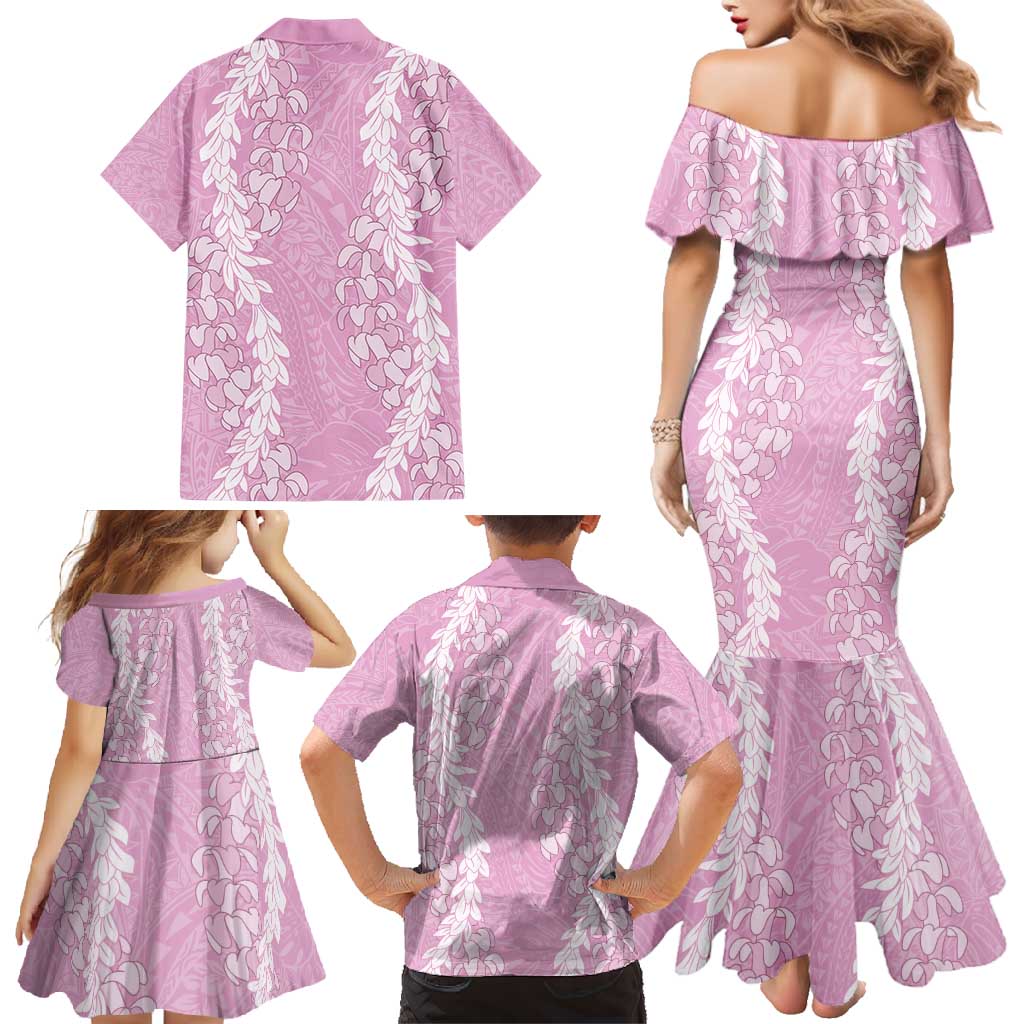 Puakenikeni and Maile Lei Family Matching Mermaid Dress and Hawaiian Shirt Pink Double Strand Lei LT9 - Polynesian Pride
