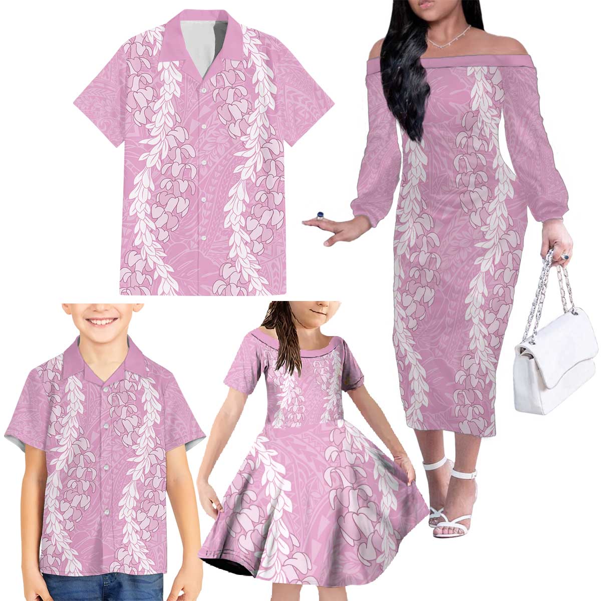 Puakenikeni and Maile Lei Family Matching Off The Shoulder Long Sleeve Dress and Hawaiian Shirt Pink Double Strand Lei LT9 - Polynesian Pride
