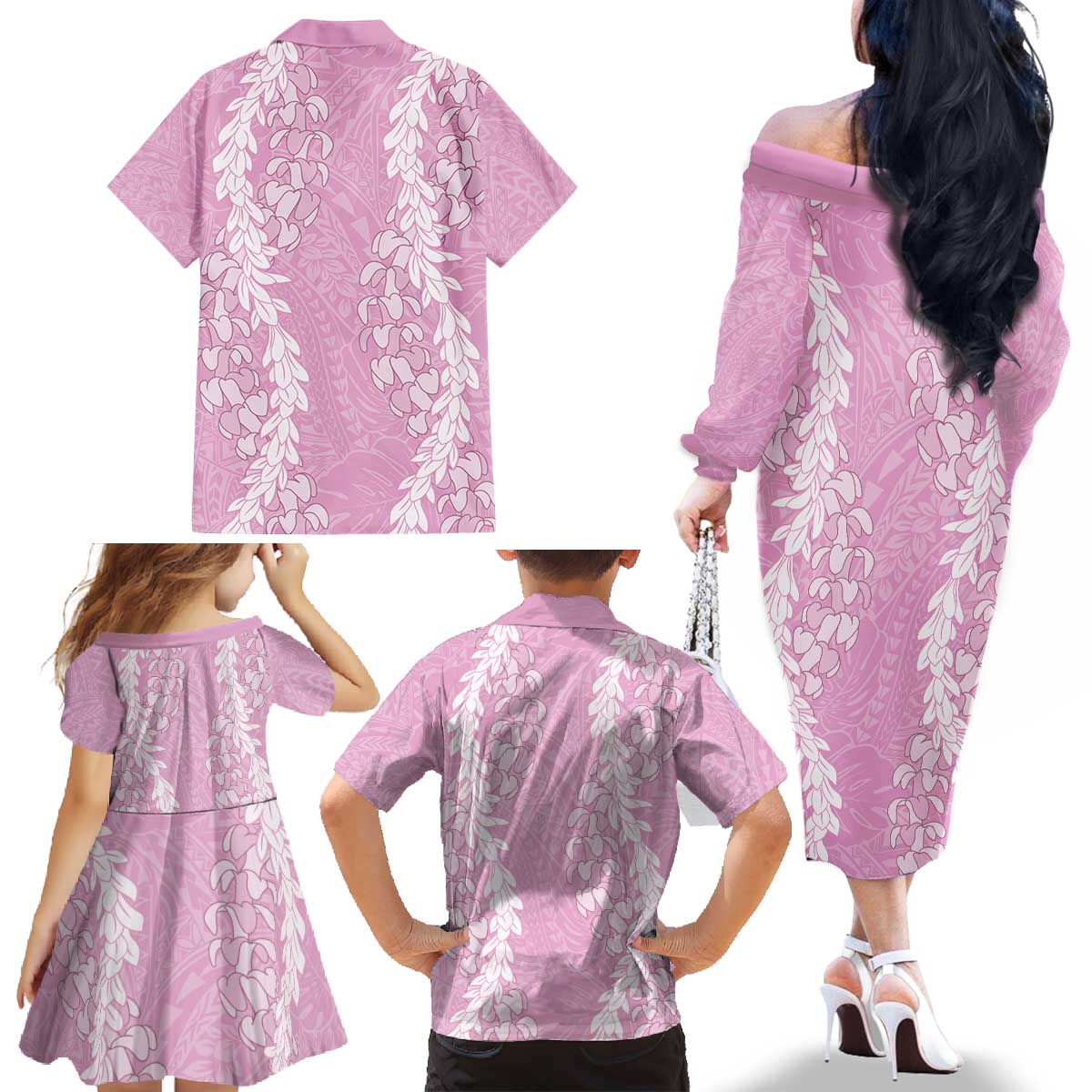 Puakenikeni and Maile Lei Family Matching Off The Shoulder Long Sleeve Dress and Hawaiian Shirt Pink Double Strand Lei LT9 - Polynesian Pride