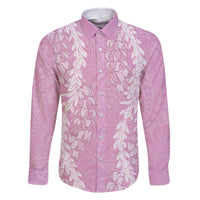 Puakenikeni and Maile Lei Family Matching Off The Shoulder Long Sleeve Dress and Hawaiian Shirt Pink Double Strand Lei LT9 Dad's Shirt - Long Sleeve Pink - Polynesian Pride