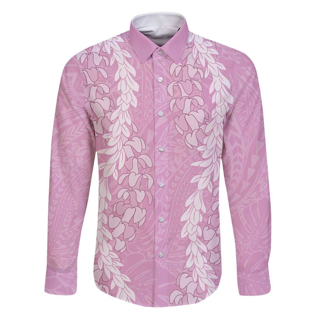 Puakenikeni and Maile Lei Family Matching Off Shoulder Maxi Dress and Hawaiian Shirt Pink Double Strand Lei LT9 Dad's Shirt - Long Sleeve Pink - Polynesian Pride