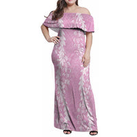 Puakenikeni and Maile Lei Family Matching Off Shoulder Maxi Dress and Hawaiian Shirt Pink Double Strand Lei LT9 Mom's Dress Pink - Polynesian Pride