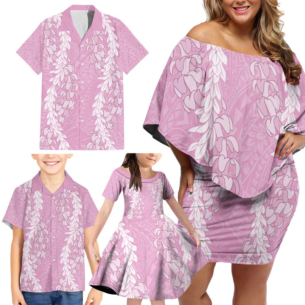 Puakenikeni and Maile Lei Family Matching Off Shoulder Short Dress and Hawaiian Shirt Pink Double Strand Lei LT9 - Polynesian Pride