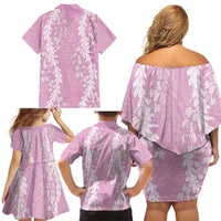 Puakenikeni and Maile Lei Family Matching Off Shoulder Short Dress and Hawaiian Shirt Pink Double Strand Lei LT9 - Polynesian Pride
